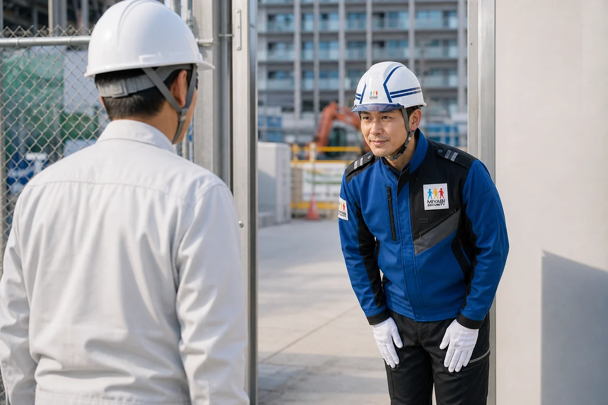 清潔な制服で現場監督へ丁寧に挨拶する、みやび交通警備の隊員