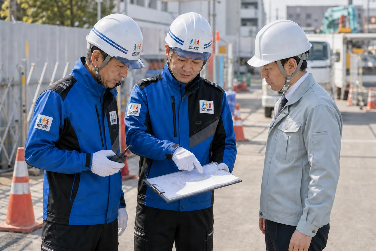 現場責任者と当日の動線を共有する、みやび交通警備の隊員2名