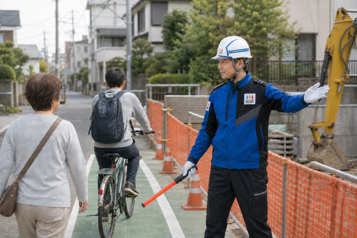 住宅街の工事区間で歩行者と自転車を安全に案内する、みやび交通警備の隊員