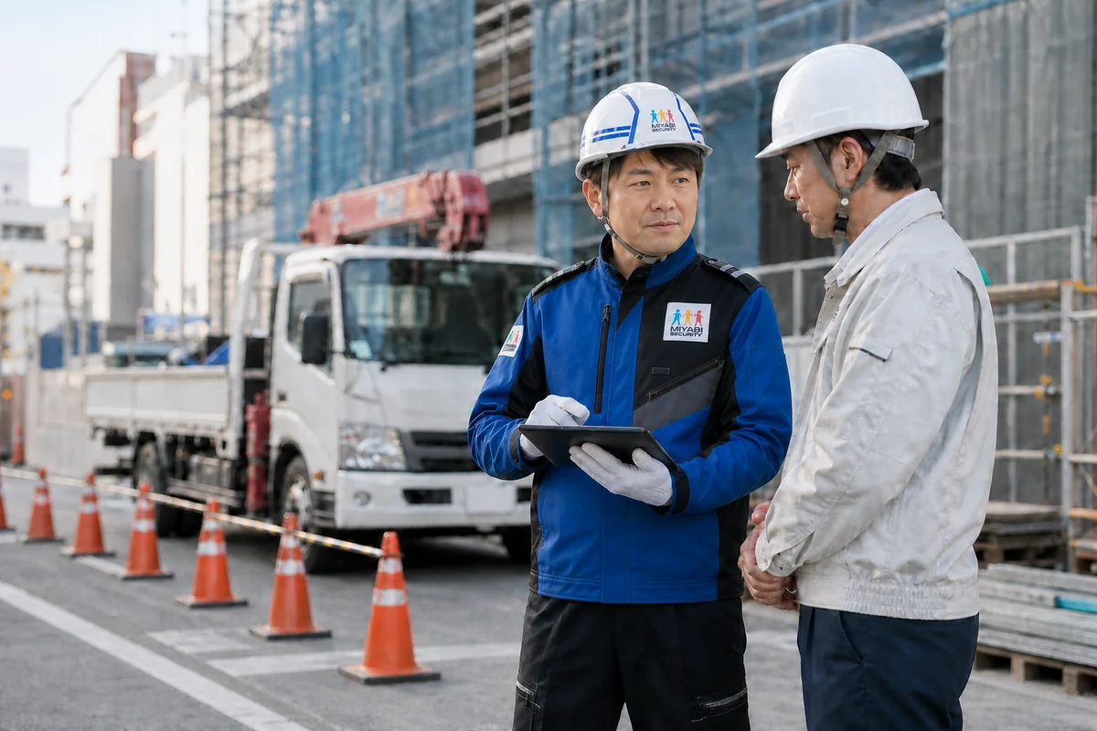 建築現場でクライアントと工程計画を相談する、みやび交通警備の恒川