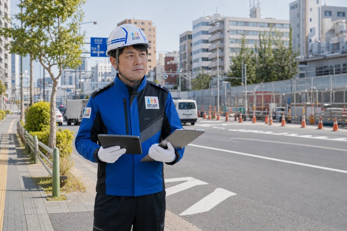 資格者配置路線をタブレットと資料で事前調査するみやび交通警備の隊員