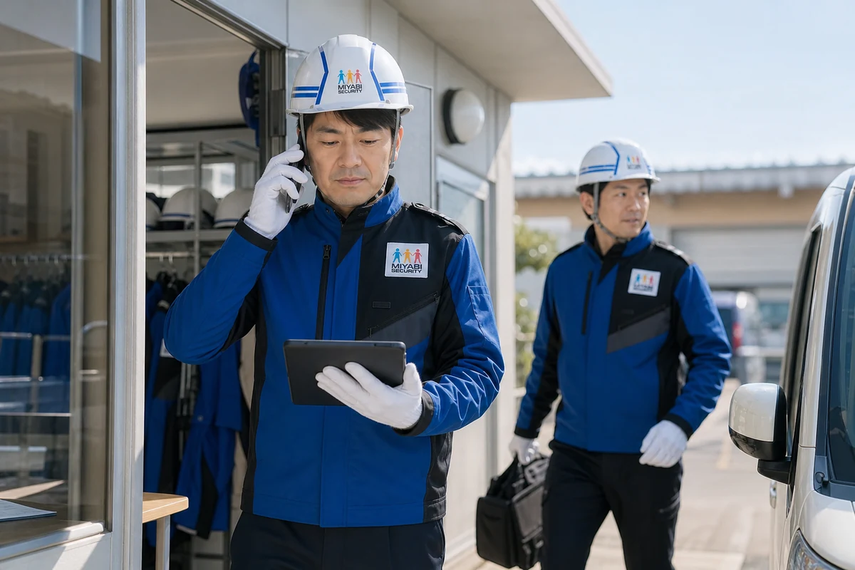急な警備依頼の電話を受け、配置予定を確認するみやび交通警備の隊員